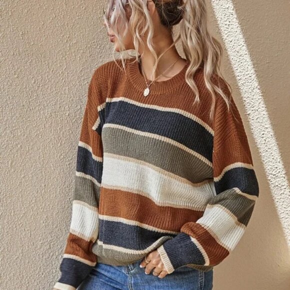 Cozy oversized color block striped knit sweater Top - Picture 4 of 4